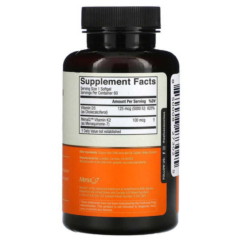 Live Conscious, K2+D3, 60 Softgels