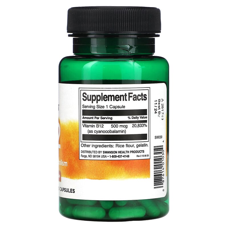 Swanson, Vitamin B12, 500 mcg, 100 Vegan Capsules