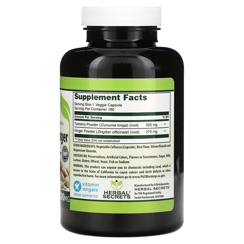 Herbal Secrets, Turmeric &amp; Ginger, 500 mg, 180 Veggie Capsules