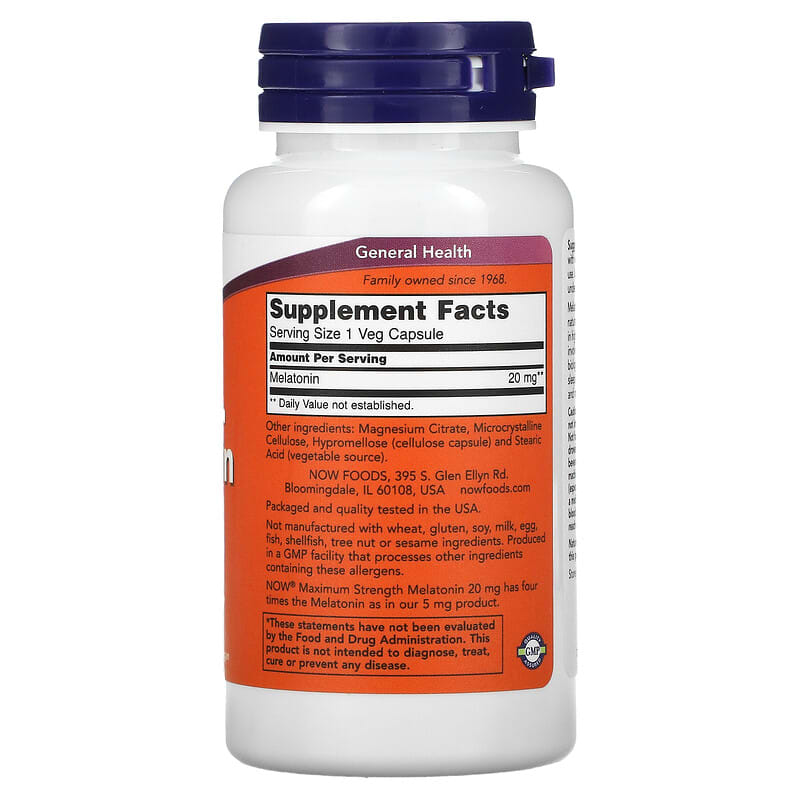 NOW Foods, Maximum Strength Melatonin, 20 mg, 90 Veg Capsules