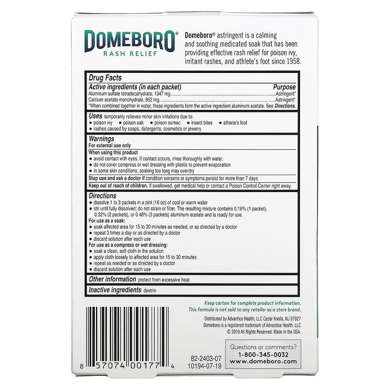 Domeboro, Medicated Soak, Rash Relief, 12 Powder Packets, 0.1 oz (2.7 g) Each