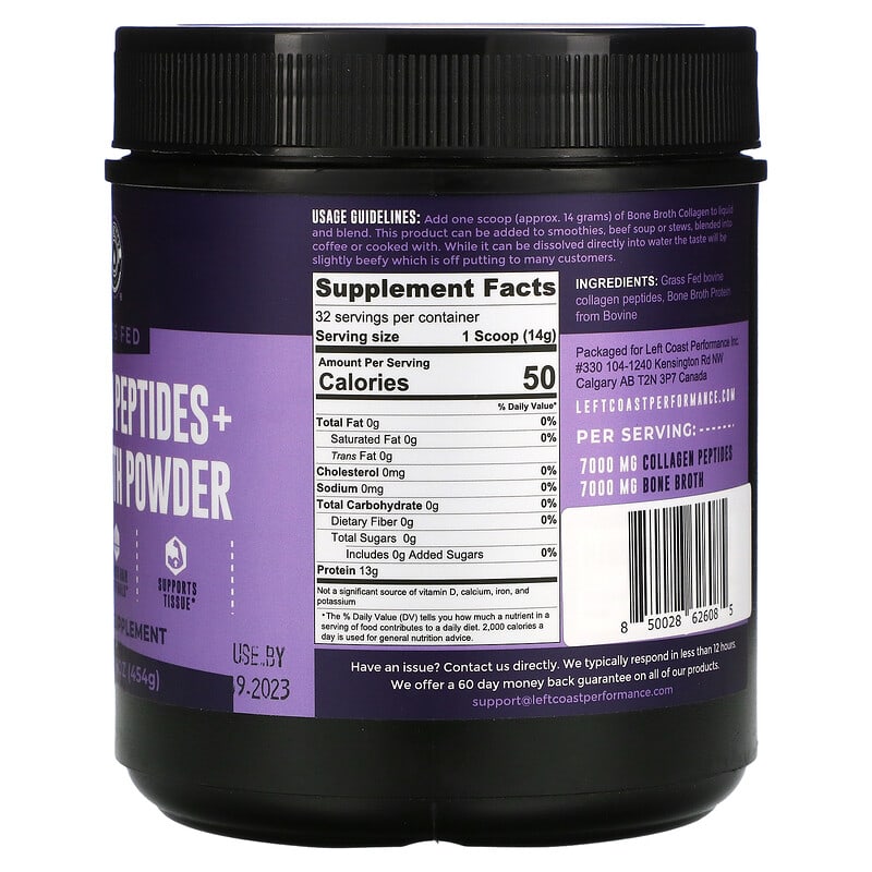 Left Coast Performance, Collagen Peptides + Bone Broth Powder, 1 lb (454 g)