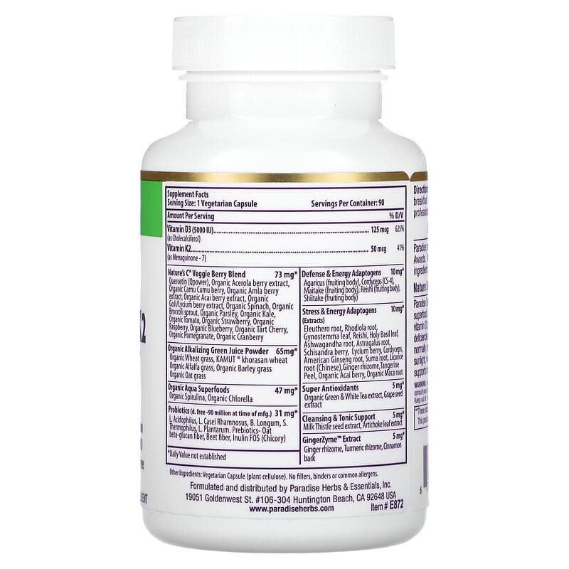 Paradise Herbs, Earth's Blend®, Vitamin D3 + K2, 90 Vegetarian Capsules