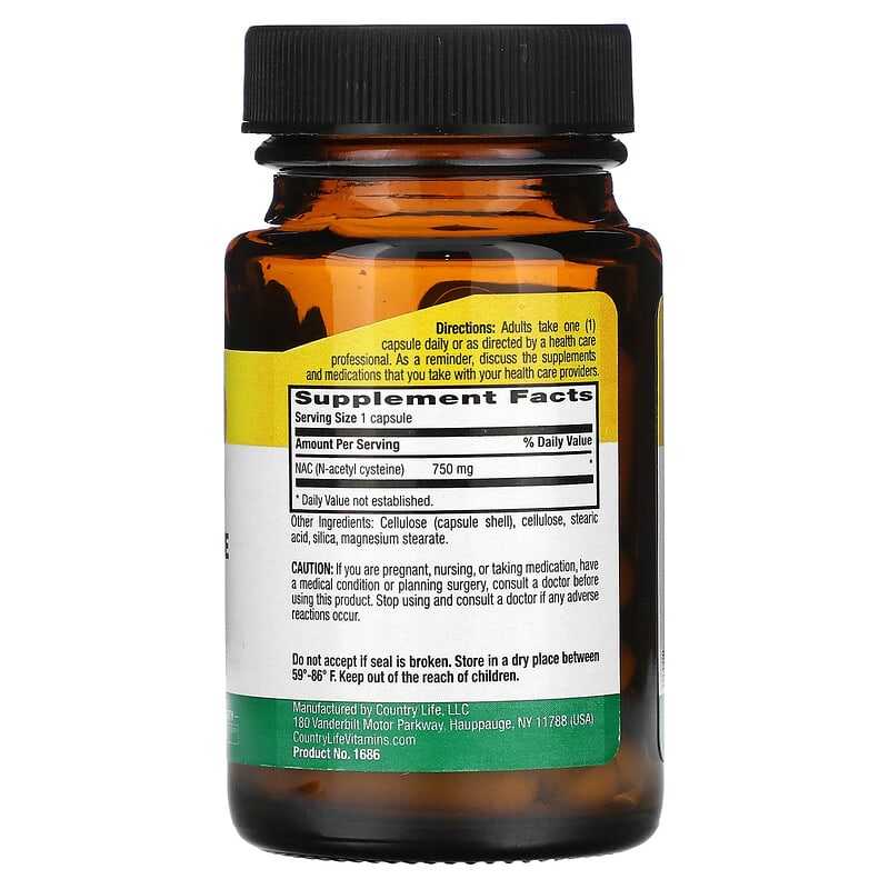 Country Life, NAC, N-Acetyl Cysteine, 750 mg, 30 Vegan Capsules