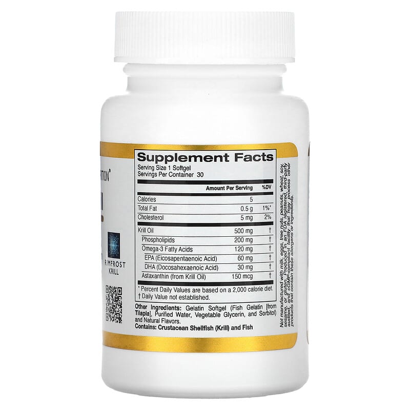 California Gold Nutrition, Antarctic Krill Oil, Omega-3 Phospholipids Complex with EPA, DHA, and Astaxanthin, Natural Strawberry and Lemon, 500 mg, 30 Fish Gelatin Softgels