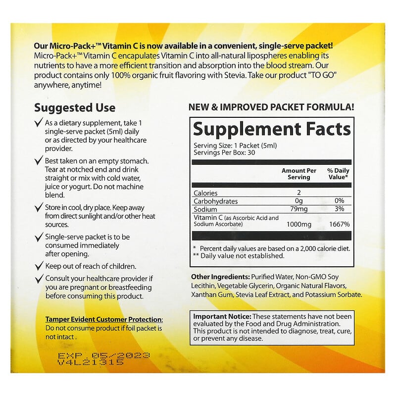 Aurora Nutrascience, Micro-Pack+ Liposomal Vitamin C, 1,000 mg, 30 Single-Serve Liquid Packets, 0.24 fl oz (7 ml) Each