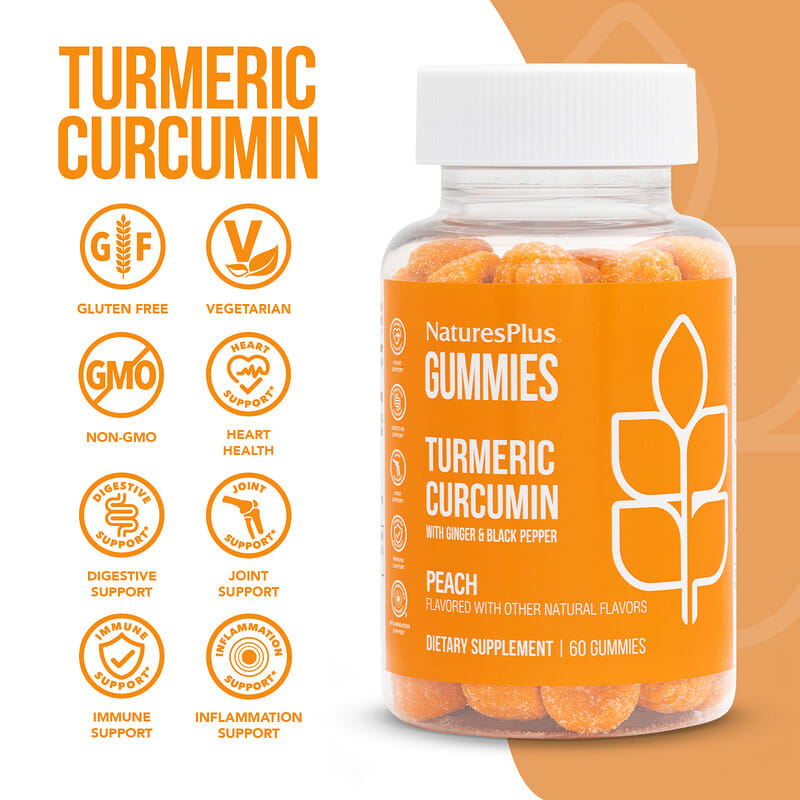 NaturesPlus, Turmeric Curcumin With Ginger &amp; Black Pepper Gummies, Peach, 60 Gummies