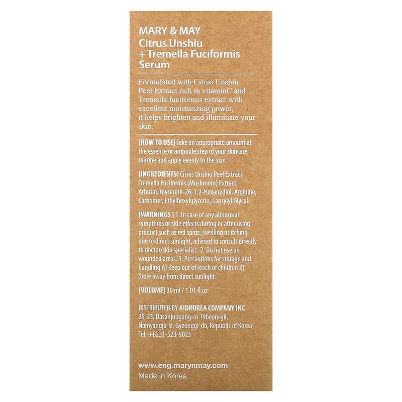 Mary &amp; May, Citrus Unshiu + Tremella Fuciformis Serum, 1.01 fl oz (30 ml)