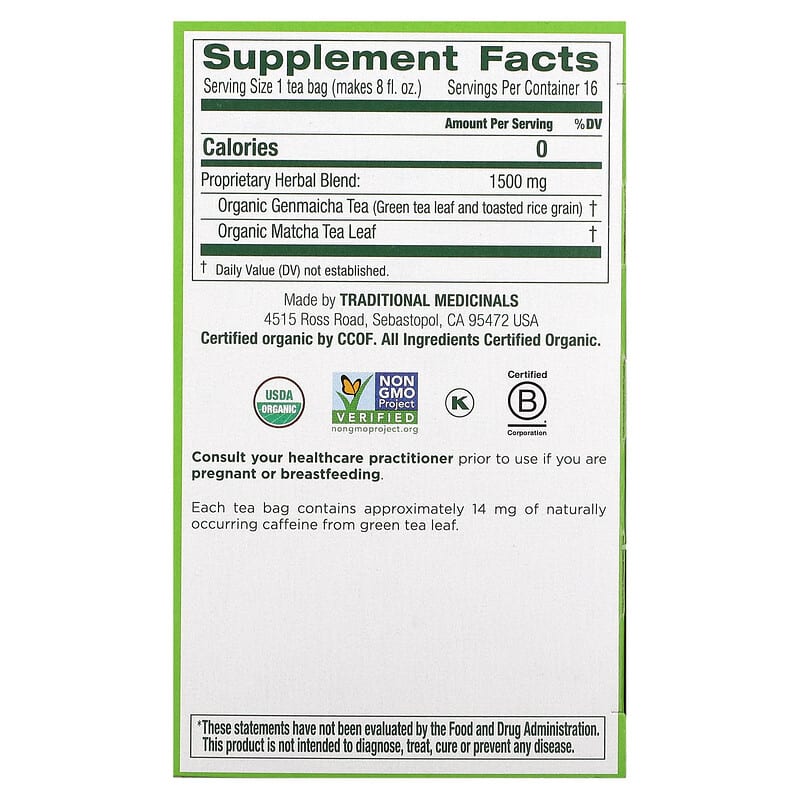 Traditional Medicinals, Organic Green Tea Matcha with Toasted Rice, 16 Wrapped Tea Bags, 0.85 oz (24 g)