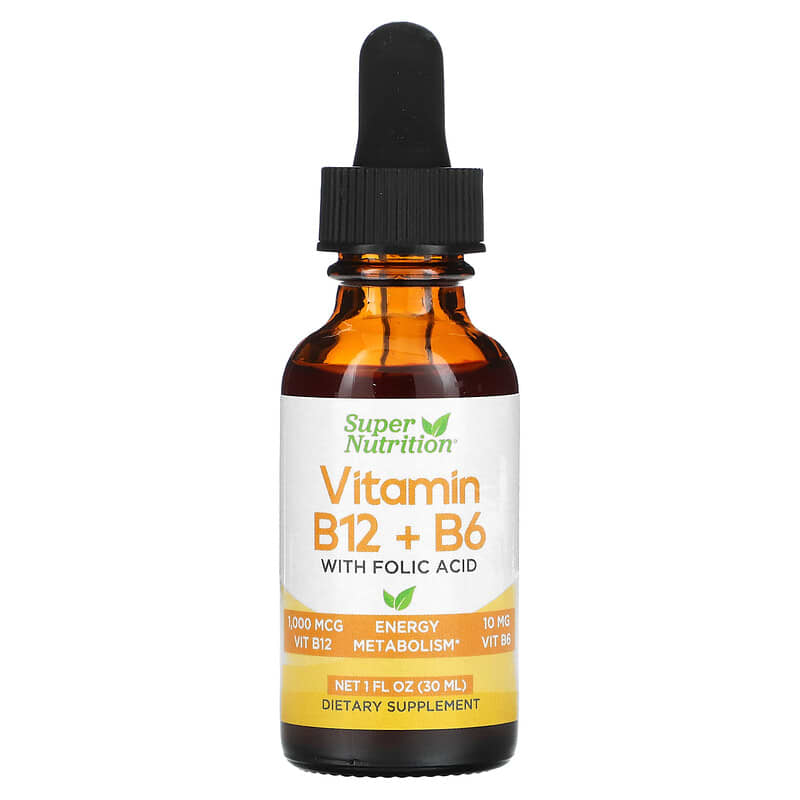 Super Nutrition, Vitamin B12 as Cyanocobalamin with Vitamin B6 and Folic Acid, Raspberry Lemon, 1 fl oz (30 ml)