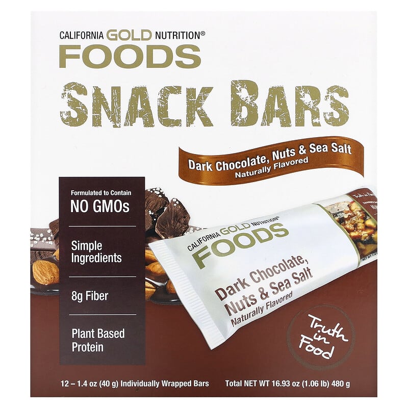 California Gold Nutrition, Foods, Dark Chocolate, Nuts, &amp; Sea Salt Snack Bars, 12 Bars, 1.4 oz (40 g) Each