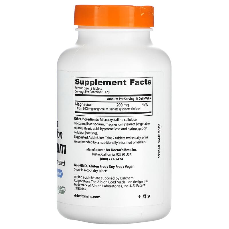 Doctor's Best, High Absorption Magnesium, 200 mg, 240 Tablets (100 mg per Tablet)