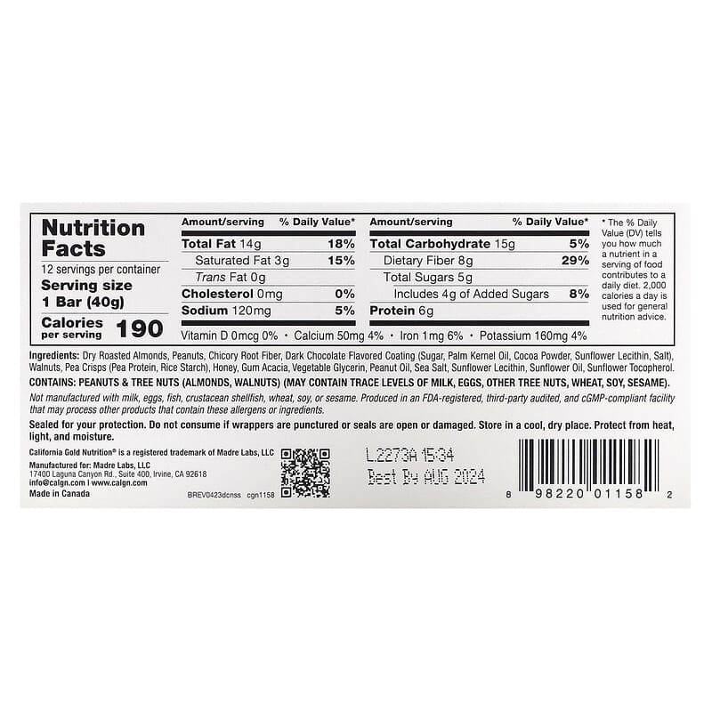 California Gold Nutrition, Foods, Dark Chocolate, Nuts, &amp; Sea Salt Snack Bars, 12 Bars, 1.4 oz (40 g) Each
