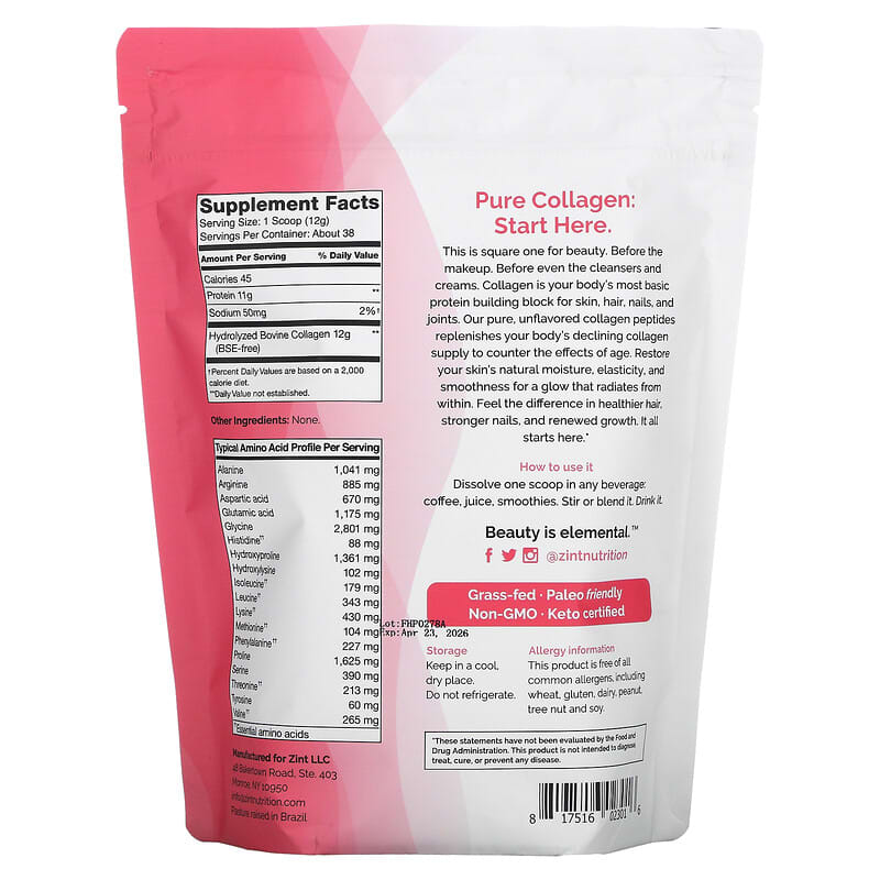 Zint, Pure Grass-Fed Collagen Peptides, Unflavored, Bag, 16 oz (454 g)