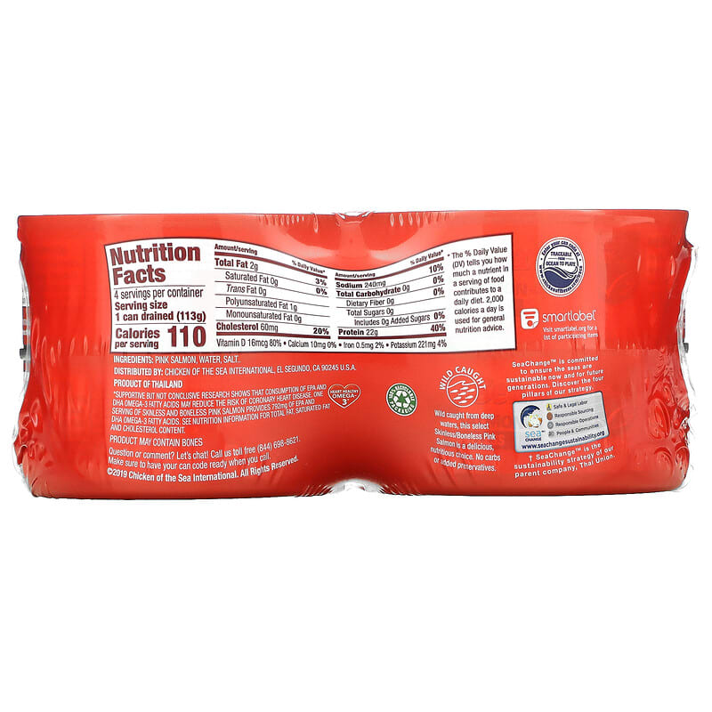 Chicken of the Sea, Chunk Style Pink Salmon in Water, 4 Cans, 5 oz (142 g) Each