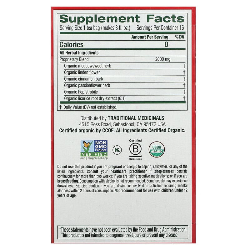 Traditional Medicinals, Organic Cold Care PM, Meadowsweet Cinnamon, Caffeine Free, 16 Wrapped Tea Bags, 1.13 oz (32 g)