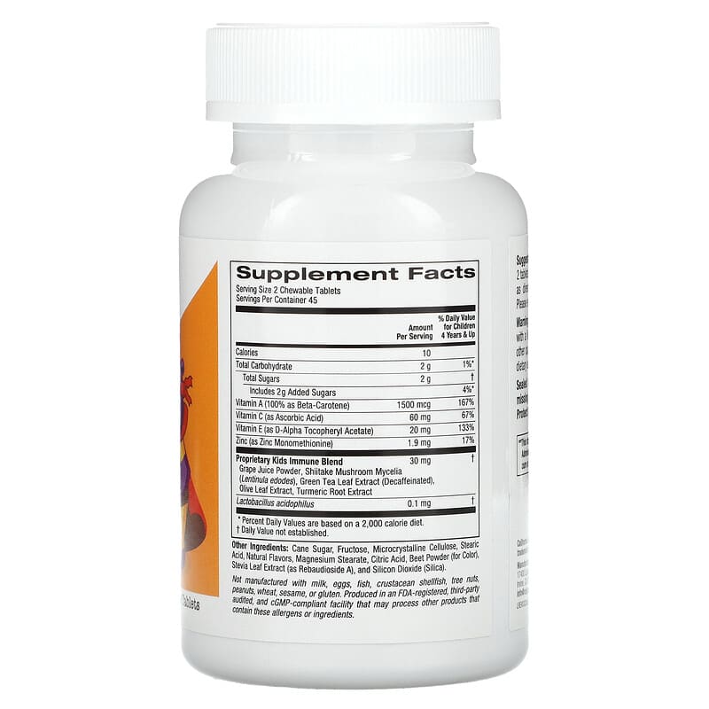 California Gold Nutrition, Chewable Immune Blend with Vitamin A, Vitamin C, Vitamin E, and Zinc for Children, Natural Tropical Berry, 90 Vegetarian Tablets