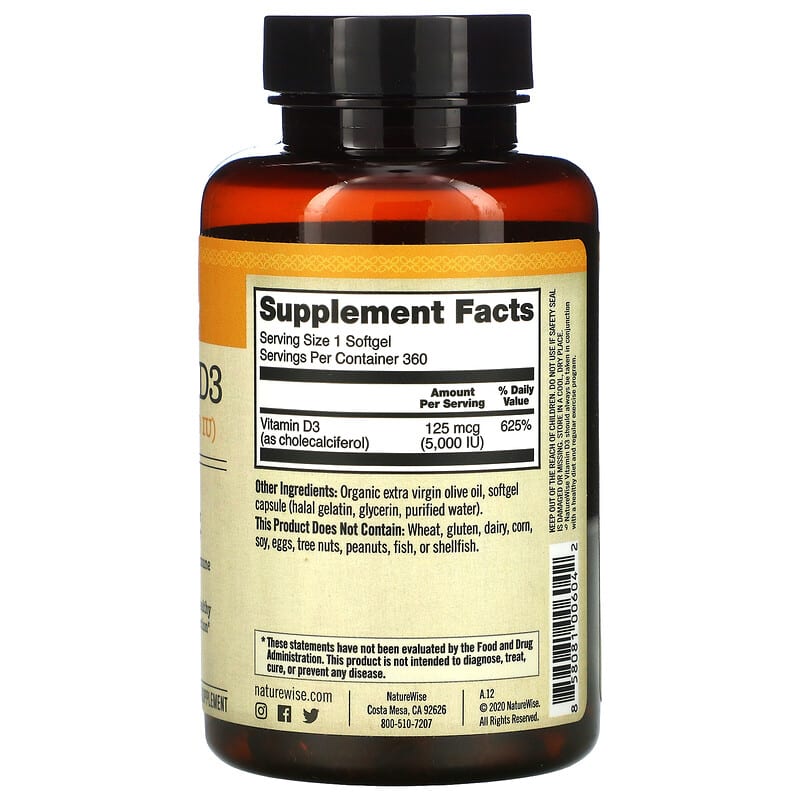 NatureWise, Vitamin D3, 125 mcg (5,000 IU), 360 Softgels