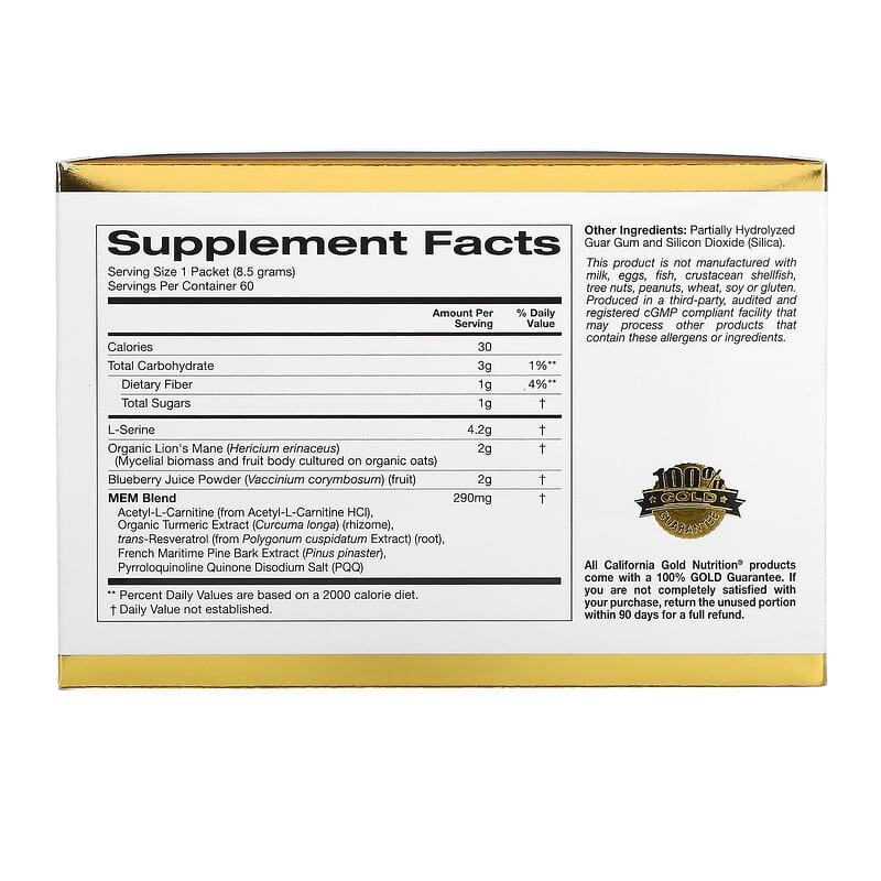 California Gold Nutrition, MEM Food, Memory &amp; Cognitive Support with MEM Blend, L-Serine, Organic Lion's Mane and Blueberry Juice Powder, 60 Packets, 0.3 oz (8.5 g) Each