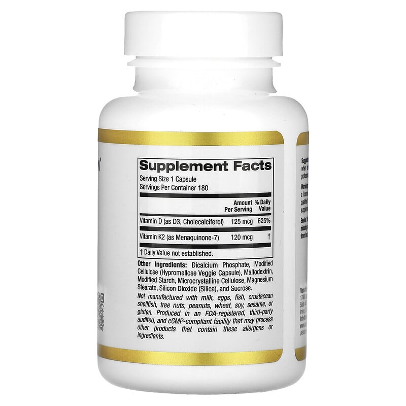 California Gold Nutrition, Vitamin D3 + K2 as MK-7, 180 Veggie Capsules