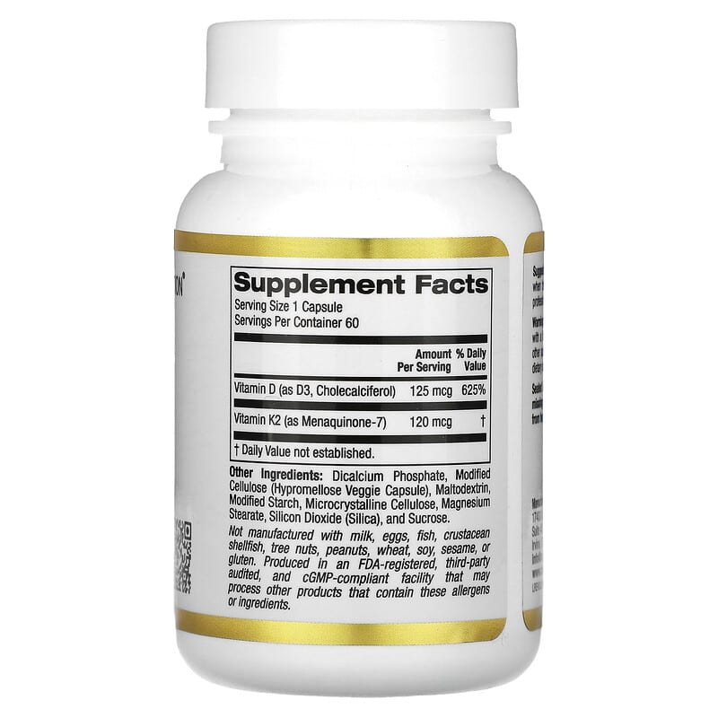 California Gold Nutrition, Vitamin D3 + K2 as MK-7, 60 Veggie Capsules