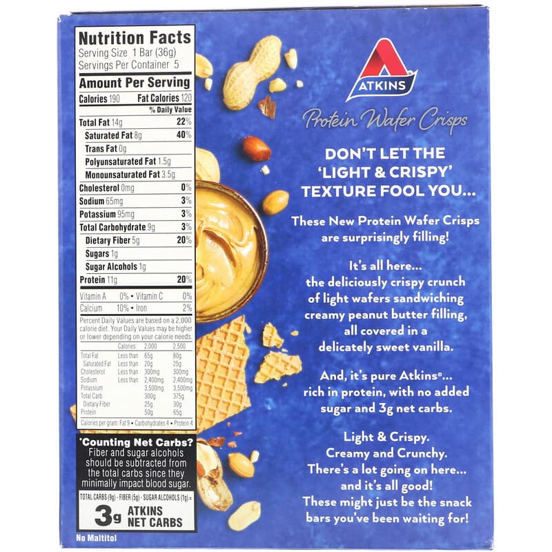 Atkins, Anytime Snacks, Protein Wafer Crisps, Peanut Butter, 5 Bars, 1.27 oz (36 g) Each