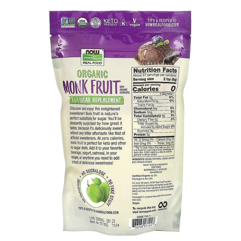 NOW Foods, Organic Monk Fruit With Organic Erythritol , 1 lb (454 g)