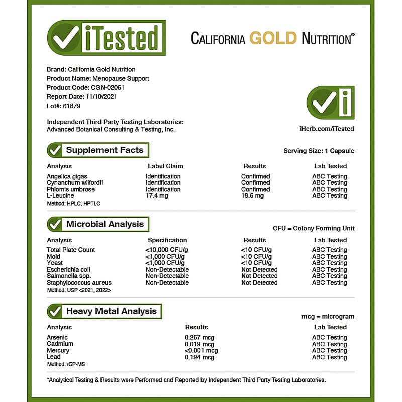 California Gold Nutrition, Beauty, Menopause Support with Angelica gigas, Cynanchum wilfordii, Phlomis umbrosa and L-Leucine, 30 Veggie Capsules