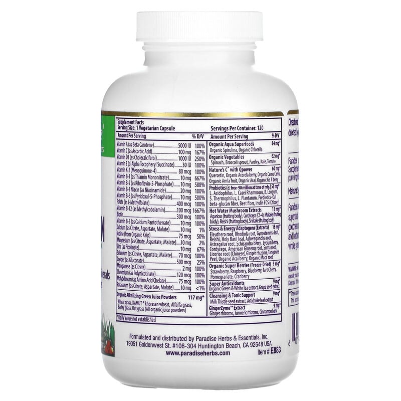 Paradise Herbs, Earth's Blend®, One Daily Superfood Multi-Vitamin, No Iron, 120 Vegetarian Capsules