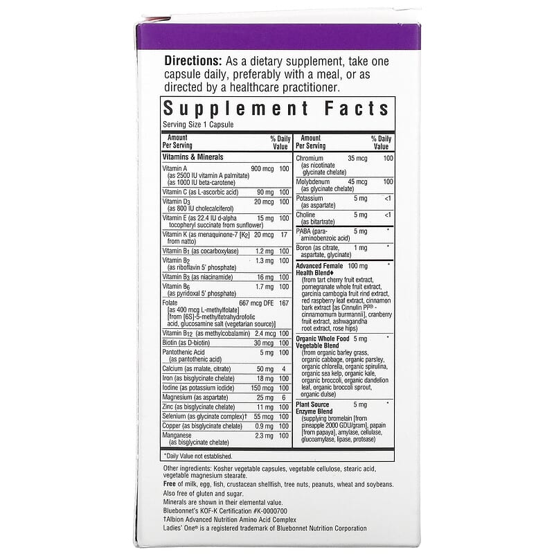 Bluebonnet Nutrition, Ladies' ONE®, Whole Food-Based Multiple, 60 Vegetables Capsules