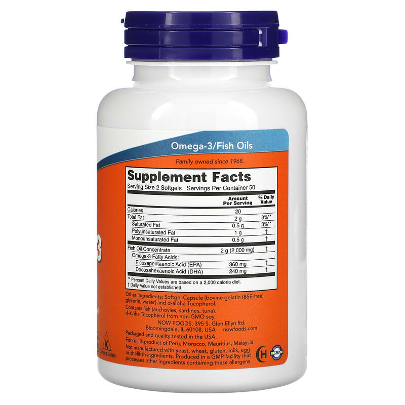 NOW Foods, Omega-3 Fish Oil, 1,000 mg, 180 EPA -  120 DHA, 100 Softgels
