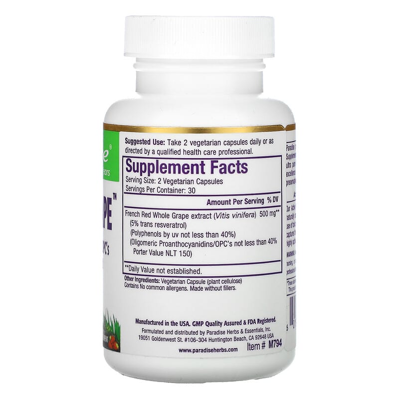 Paradise Herbs, Resvera-Grape, 60 Vegetarian Capsules (250 mg per Capsule)