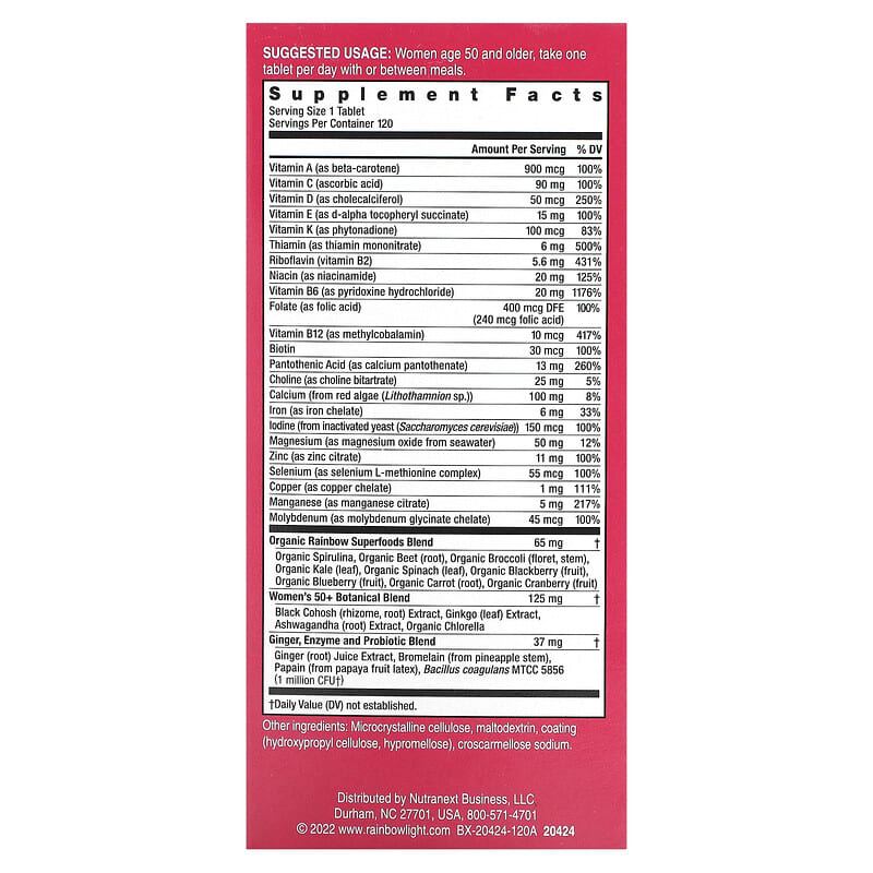 Rainbow Light, Women's One 50+ Daily Multivitamin, High Potency, 120 Vegetarian Tablets