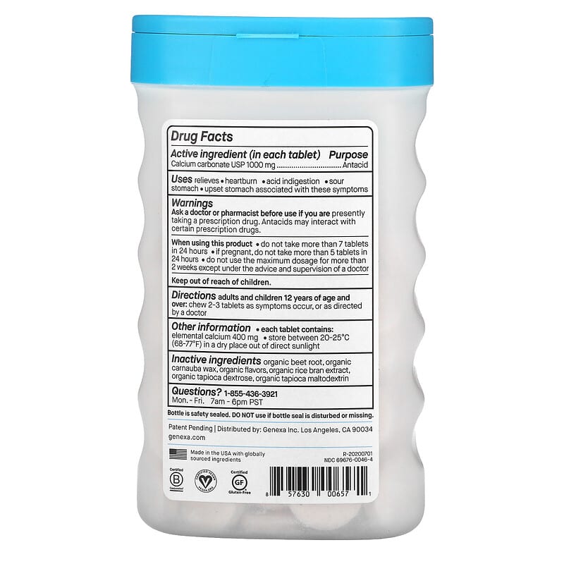 Genexa, Antacid, Maximum Strength, Organic Berry &amp; Vanilla, 1,000 mg, 72 Chewable Tablets
