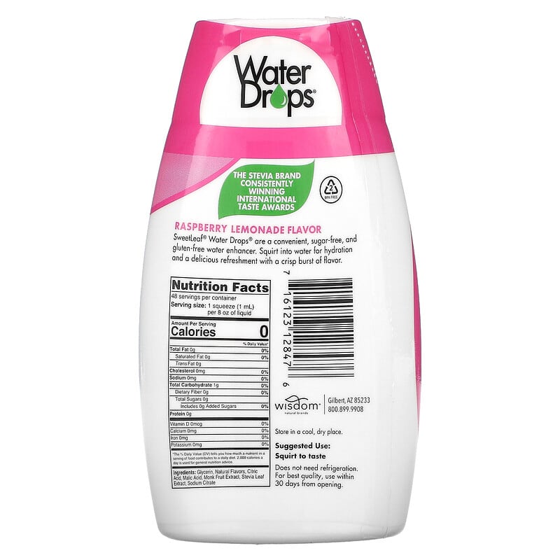 SweetLeaf Stevia, Water Drops®, Delicious Stevia Water Enhancer, Raspberry Lemonade, 1.62 fl oz (48 ml)