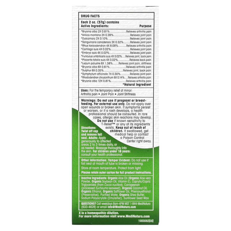 MediNatura, T-Relief, Arnica +12, Arthritis Pain Relief Cream, 3 oz (85 g)