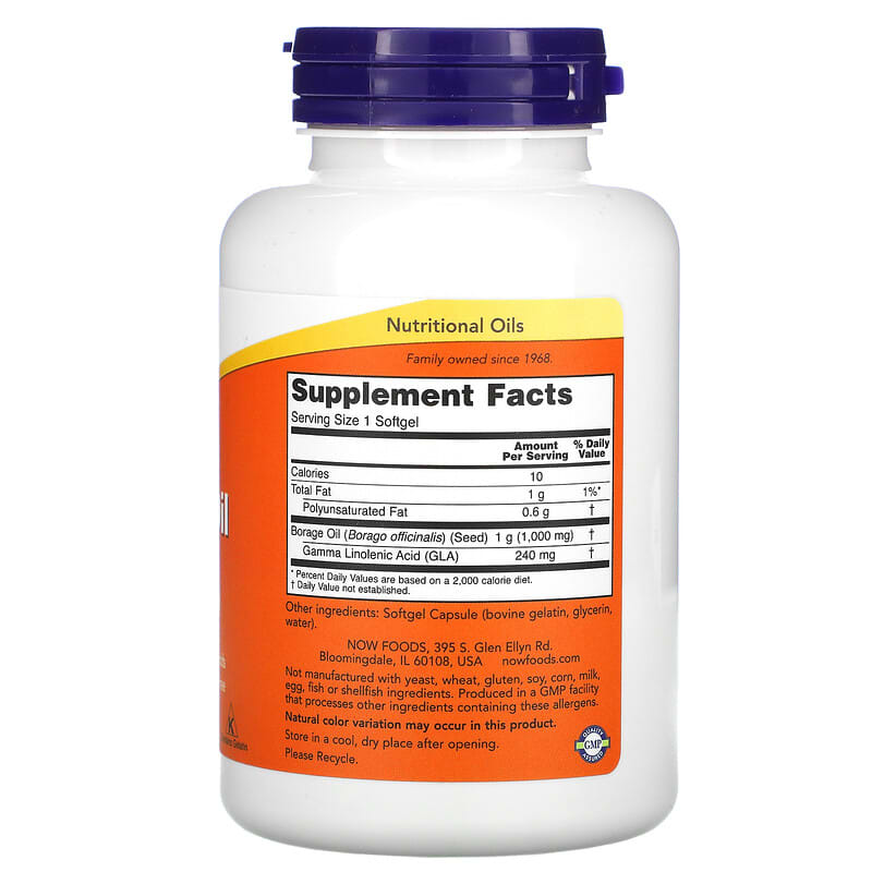 NOW Foods, Borage Oil, Concentration GLA , 1,000 mg, 120 Softgels