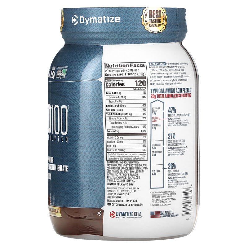 Dymatize, ISO100® Hydrolyzed, 100% Whey Protein Isolate, Gourmet Chocolate, 1.43 lb (650 g)