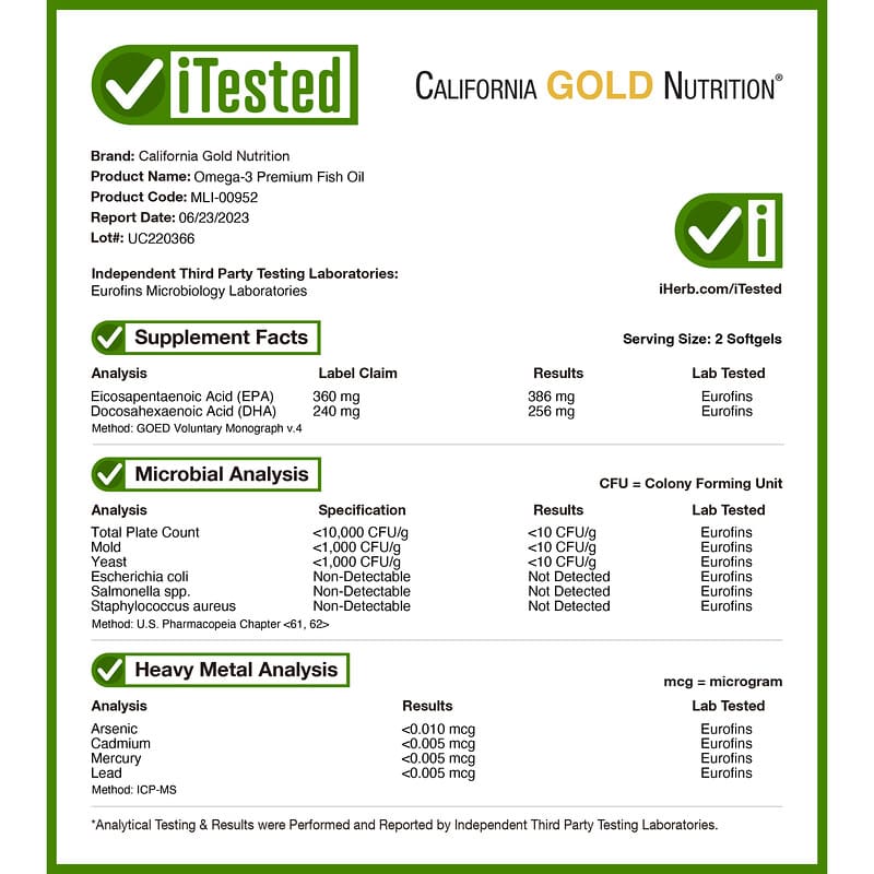 California Gold Nutrition, Omega-3 Premium Fish Oil, 100 Fish Gelatin Softgels (1,100 mg per Softgel)