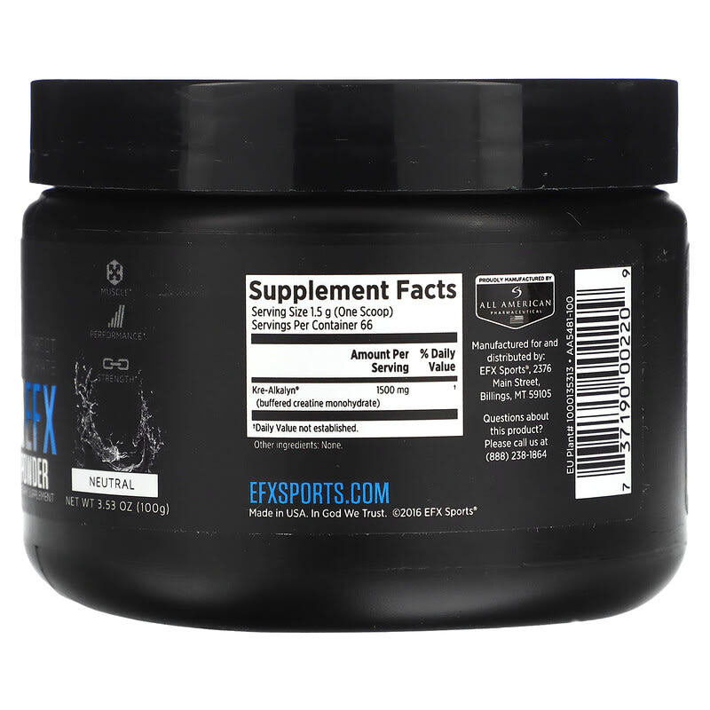 EFX Sports, pH-Correct® Creatine Monohydrate, Kre-Alkalyn EFX Powder, Neutral, 3.53 oz (100 g)
