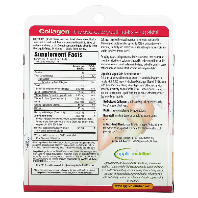 Applied Nutrition, Liquid Collagen, Skin Revitalization, Tropical Strawberry &amp; Kiwi, 10 Liquid-Tubes, 3.35 fl oz (100 ml)