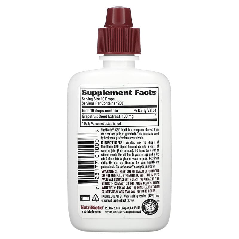 NutriBiotic, Vegan GSE Grapefruit Seed Extract, Liquid Concentrate, 100 mg, 2 fl oz (59 ml)