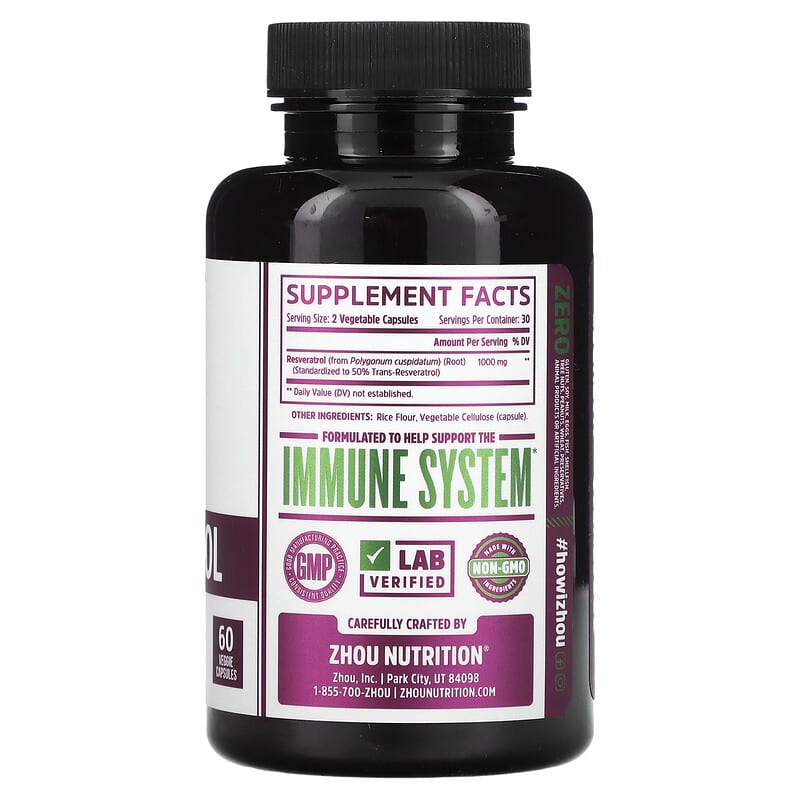Zhou Nutrition, Resveratrol, 60 Veggie Capsules (500 mg per Capsule)
