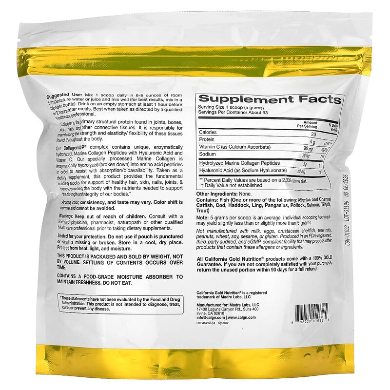 California Gold Nutrition, CollagenUP®, Hydrolyzed Marine Collagen Peptides with Hyaluronic Acid and Vitamin C, Unflavored, 1.02 lb (464 g)
