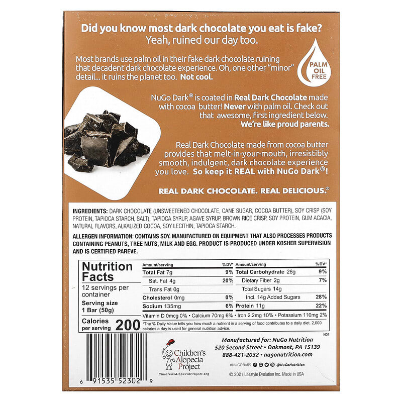 NuGo Nutrition, NuGo Dark® Protein Bars, Mocha Chocolate, 12 Bars, 1.76 oz (50 g) Each