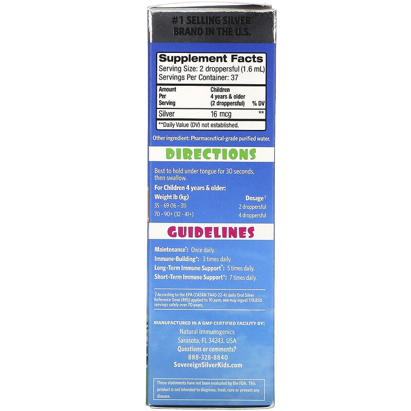 Sovereign Silver, Kids Bio-Active Silver Hydrosol, Daily + Immune Support, Ages 4+, 10 PPM, 2 fl oz (59 ml)