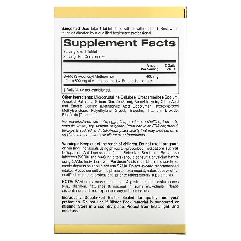 California Gold Nutrition, SAMe, Butanedisulfonate, 400 mg, 60 Enteric Coated Tablets