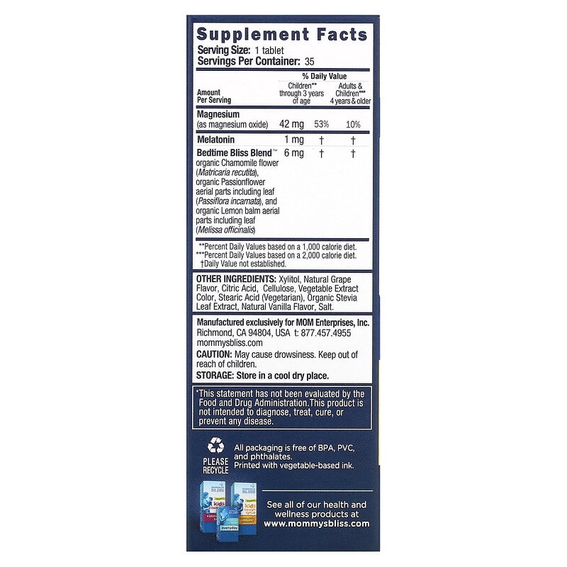 Mommy's Bliss, Kids Sleep Chewable, Melatonin + Magnesium, 3 Yrs+, Natural Grape, 35 Chewable Tablets