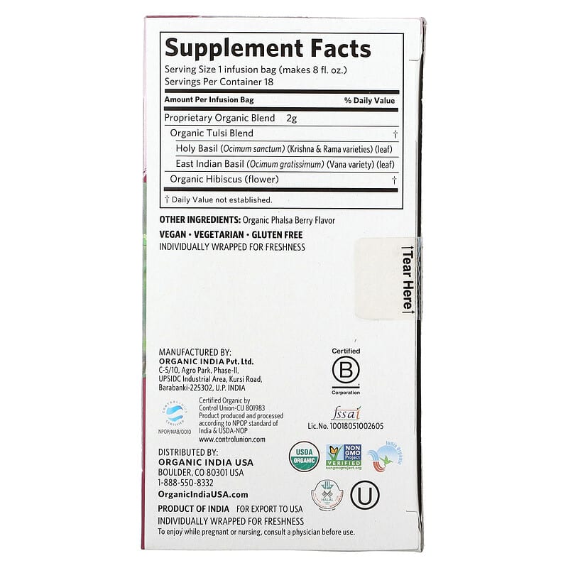 Organic India, Tulsi Hibiscus Tea, Caffeine-Free, 18 Infusion Bags, 1.27 oz (36 g)