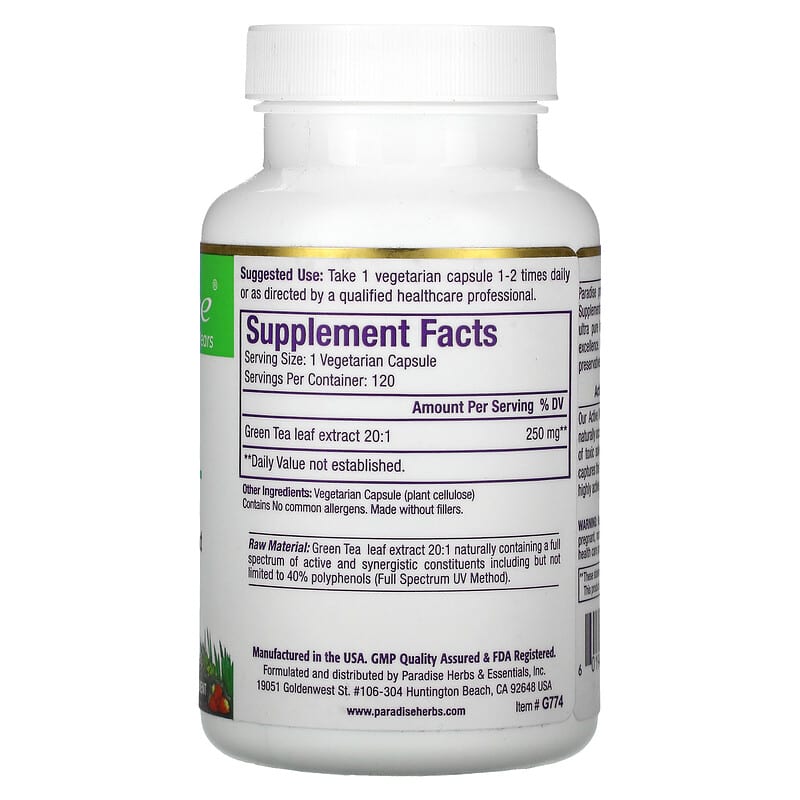 Paradise Herbs, Green Tea, 120 Vegetarian Capsules (250 mg per Capsule)